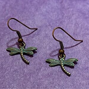 Dragonfly Dangle Earrings in Teal and Bronze